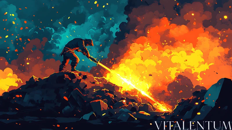 AI ART Fiery Sword of the Warrior