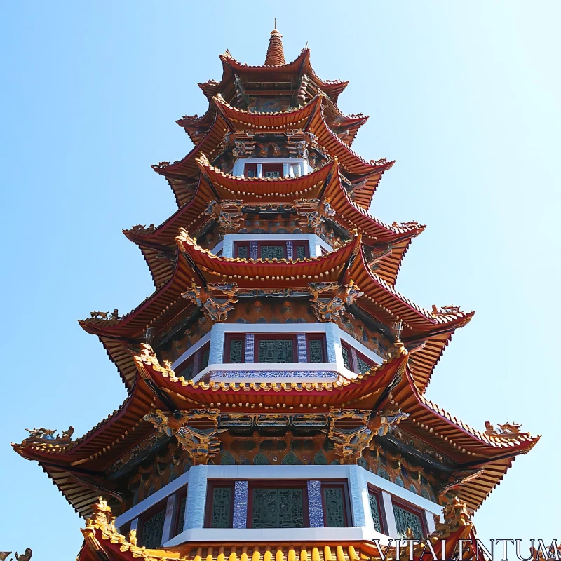 Multi-Tiered Pagoda Against Blue Sky AI Image