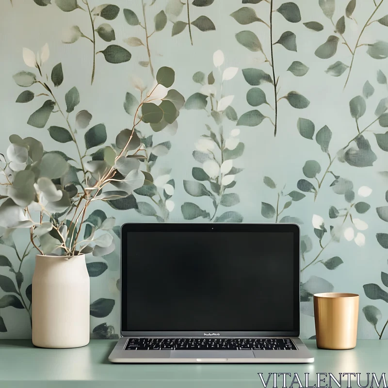 Serene Laptop Workspace with Eucalyptus Décor AI Image