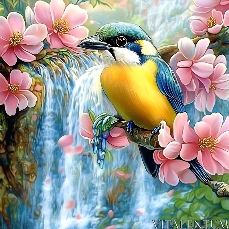 Floral Bird on Branch Near Waterfall AI Image