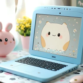 Charming Cartoon Character Display on a Blue Laptop