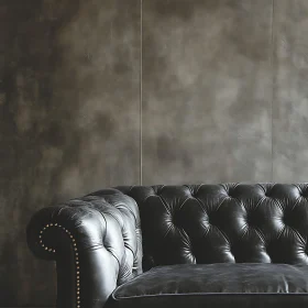 Elegant Black Leather Sofa with Tufting and Brass Nailhead Trim