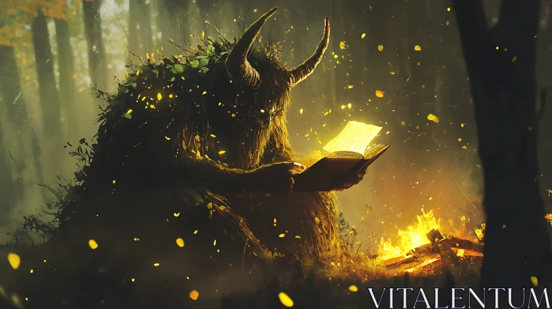 AI ART Mystical Creature Reading in Dark Forest