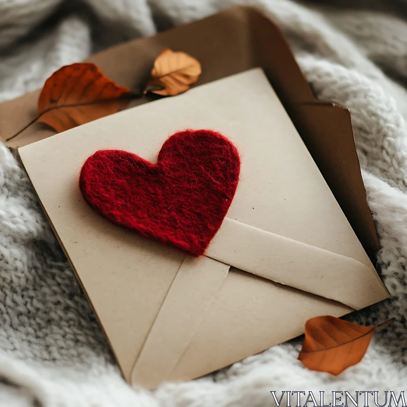 AI ART Red Heart on Envelope with Autumn Leaves