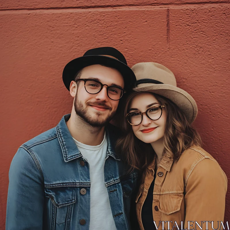 Affectionate Couple in Hats and Glasses AI Image