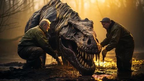 Ancient World: Two Men Confronting a T-Rex in the Mud with Cinematic Lighting