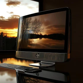 Desktop Computer with Sunset Reflection
