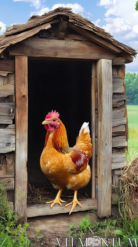 Chicken at Rustic Farm Coop Entrance AI Image