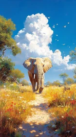 Elephant Walking in African Landscape