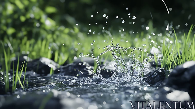 Close-Up of Water Splash Among Rocks and Greenery AI Image