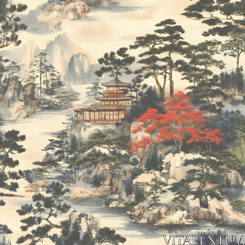 Asian Landscape with Pagoda and Mountains AI Image