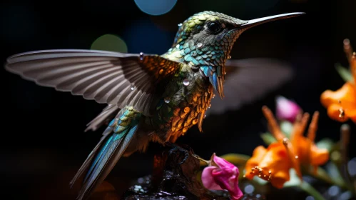 Colorful Hummingbird on Floral Perch: A Close-up Voxel Art Masterpiece