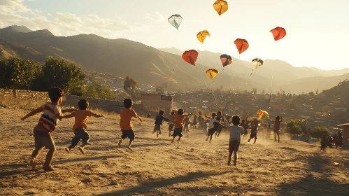 Kids Running with Kites in Mountainous Village