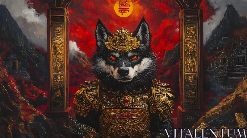 AI ART Golden Wolf Warrior with Red Eyes