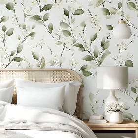 Tranquil Bedroom Interior with Green and White Floral Motif