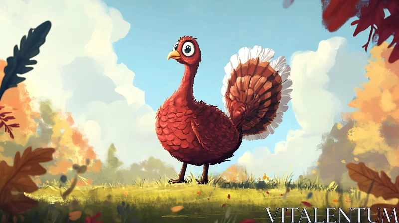 Cartoon Turkey in Fall Landscape AI Image