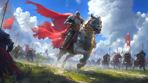 Medieval Knight on Horseback with Red Cape