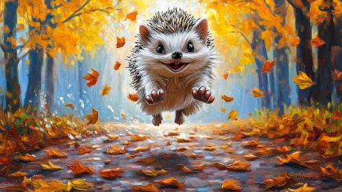 Hedgehog Bounding Through Autumn Leaves