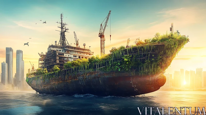 AI ART Derelict Vessel in Post-Apocalyptic Cityscape