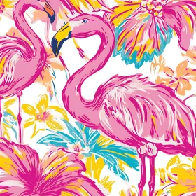 Flamingos and Vibrant Tropical Blooms Artwork