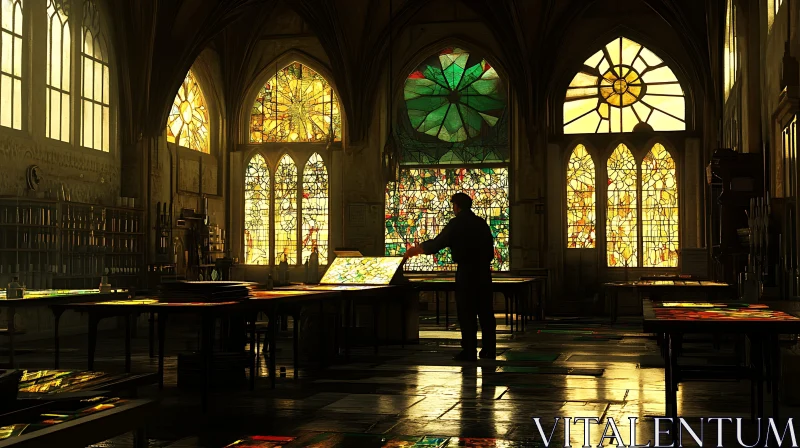 Cathedral Interior with Stained Glass Windows AI Image