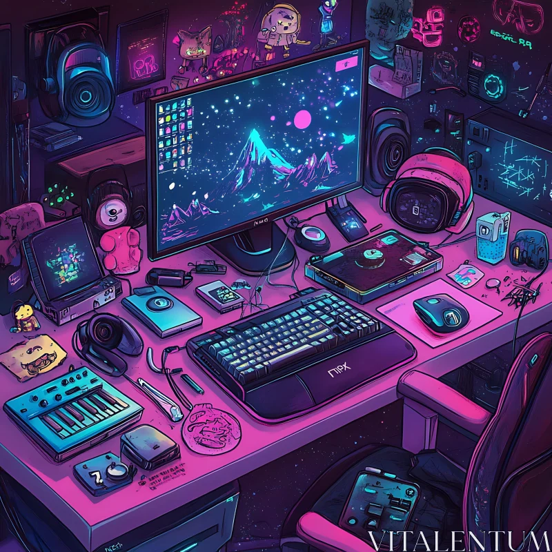 Futuristic Desk Setup in Cyberpunk Style AI Image