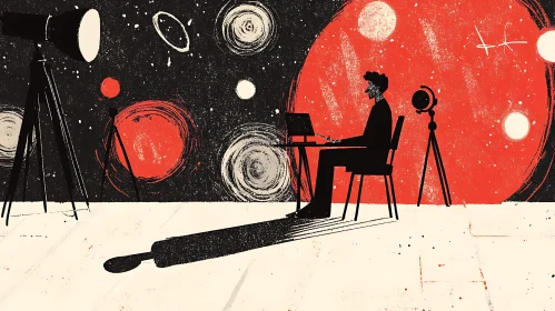 Man with laptop in front of planets