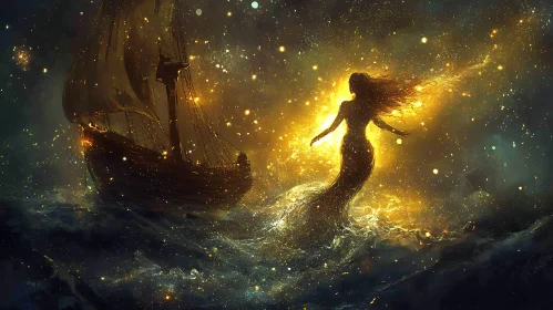 Glowing Mermaid by a Sailing Ship