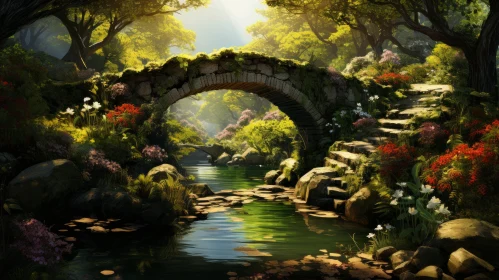 Fantasy Forest Landscape with Sunlit Bridge and River