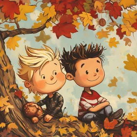 Two Friends Enjoying Autumn Cartoon Art