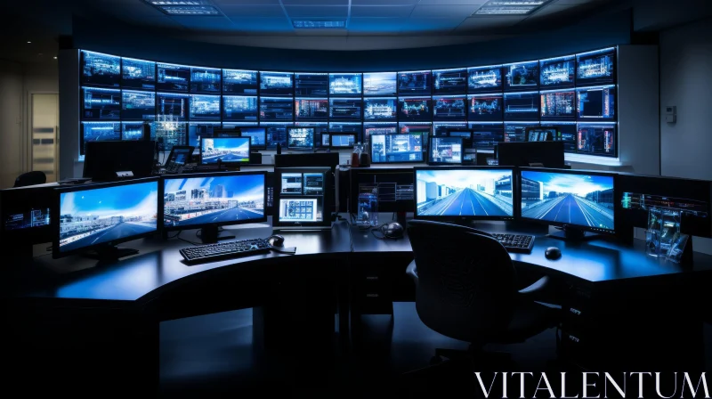 Industrial Landscape with White Desk and Multiple Monitors AI Image