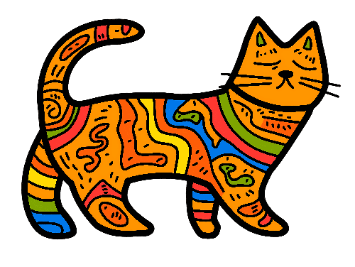 POD Design Joyful Multi-Colored Cartoon Cat in Folk Art Style