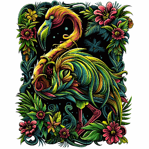 Stylized Flamingo T-Shirt Design in Tropical Setting