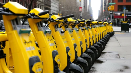 Yellow Scooters on Sidewalk: A Futuristic New York Cityscape