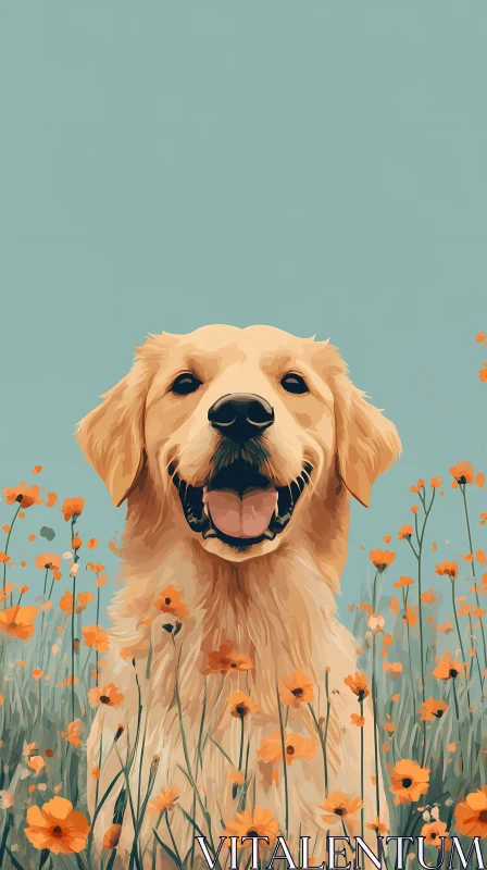 Smiling Dog Amongst Flowers AI Image