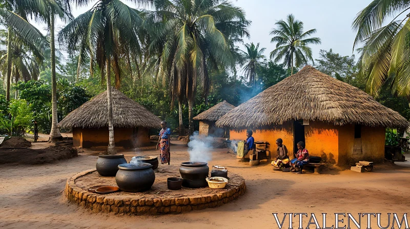 Village Scene with Thatched Huts AI Image