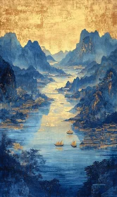 Scenic Mountain River with Boats