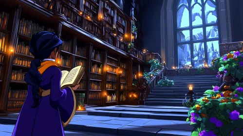 Girl Reading in Candlelit Library