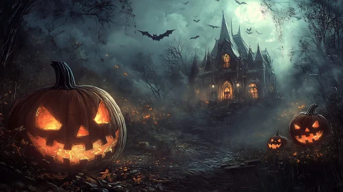 Eerie Halloween Scene with Pumpkins