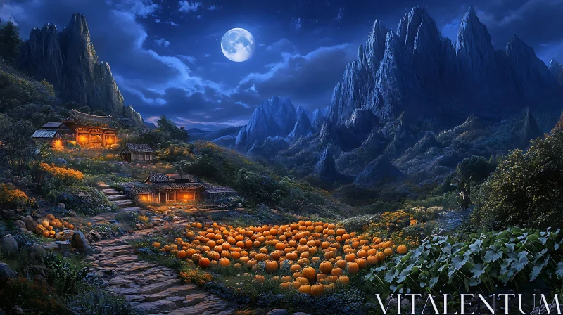 Moonlit Mountain Village with Pumpkin Patch AI Image