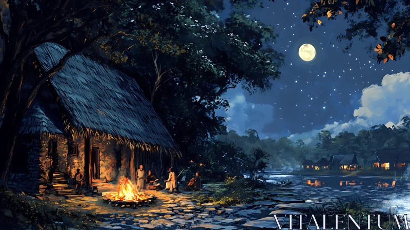 Night Gathering by the River Artwork AI Image