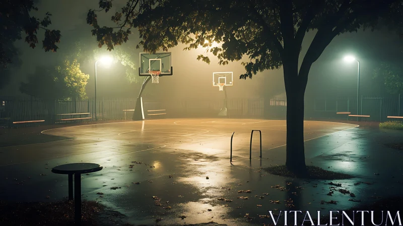 Nighttime Basketball Court Ambiance AI Image