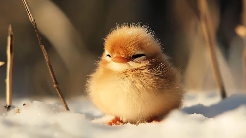 Fluffy Chick Resting in Winter Snow