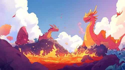 Cartoon Dragons in Volcanic Landscape