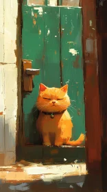 Peaceful Cat on Green Door