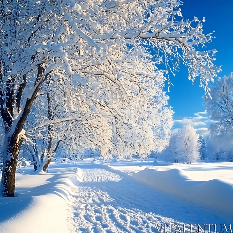 Snowy Pathway in a Tranquil Winter Landscape AI Image