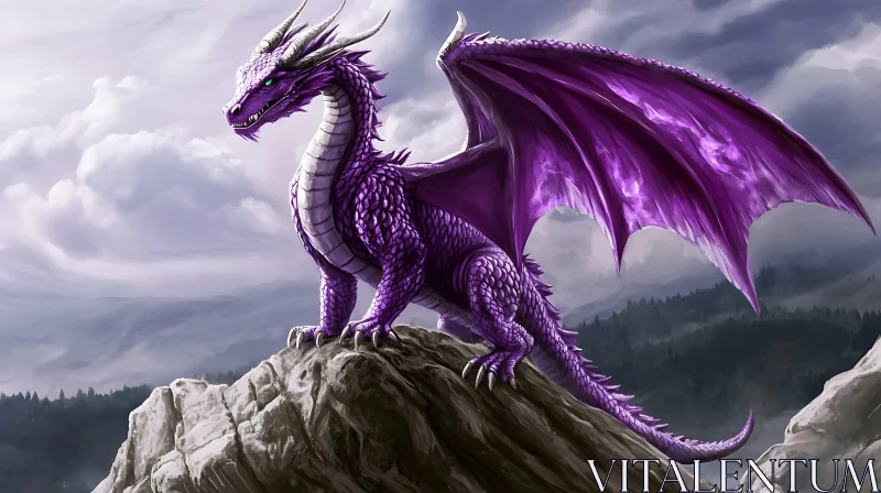 Fantasy Purple Dragon on Rocky Outcrop AI Image