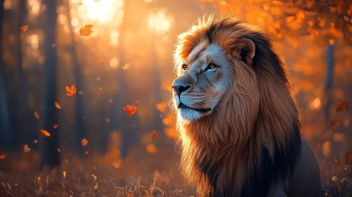 Regal Lion Amidst Falling Leaves