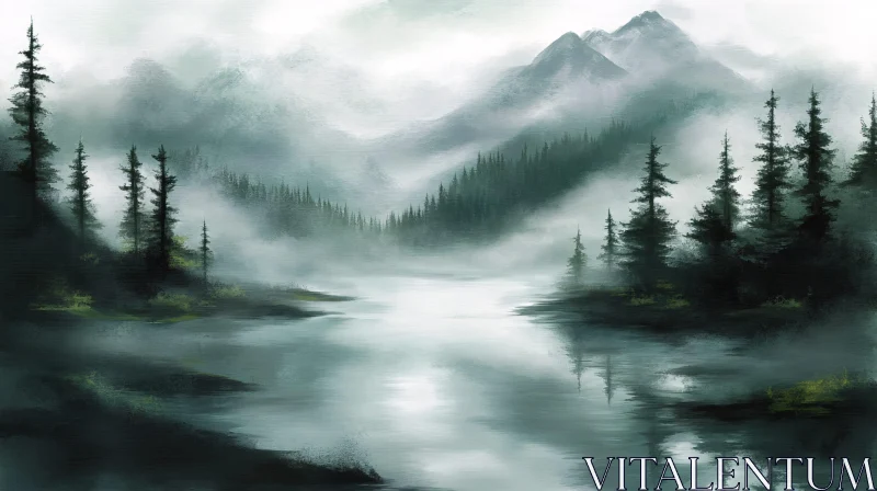 AI ART Peaceful Misty Lake with Forest