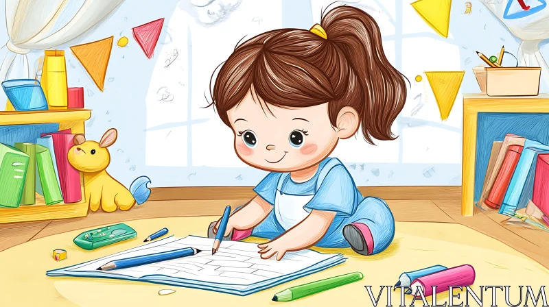 Girl Drawing Cartoon Illustration AI Image